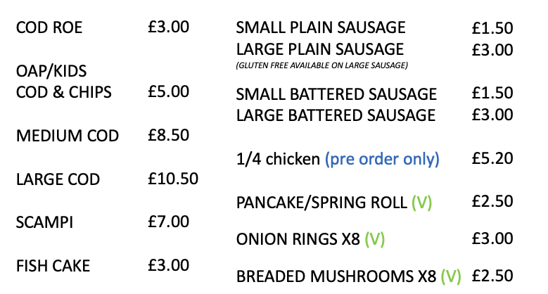 fish and chip menu